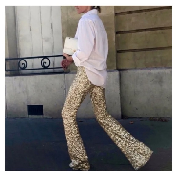 ZARA NWT LIMITED EDITION FLARED SEQUINNED LEGGINGS PANT GOLDEN 3028/020 MEDIUM - Picture 2 of 7